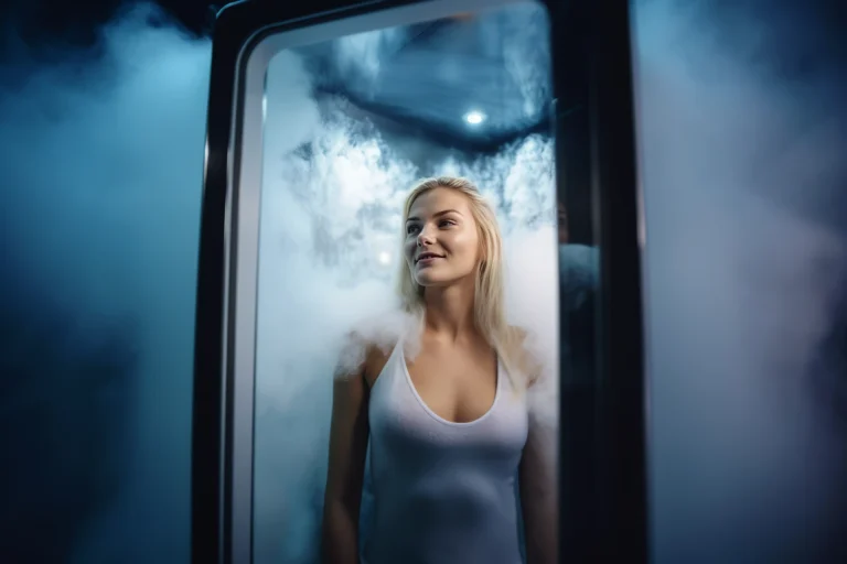 A woman stands inside a cryotherapy chamber surrounded by cold mist, experiencing a rejuvenating treatment to explore cryotherapy cost.