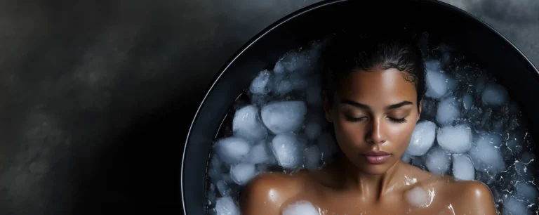 A woman relaxing in a cold plunge ice bath during a cryotherapy session, highlighting the benefits of IV therapy and cold exposure for wellness and recovery.